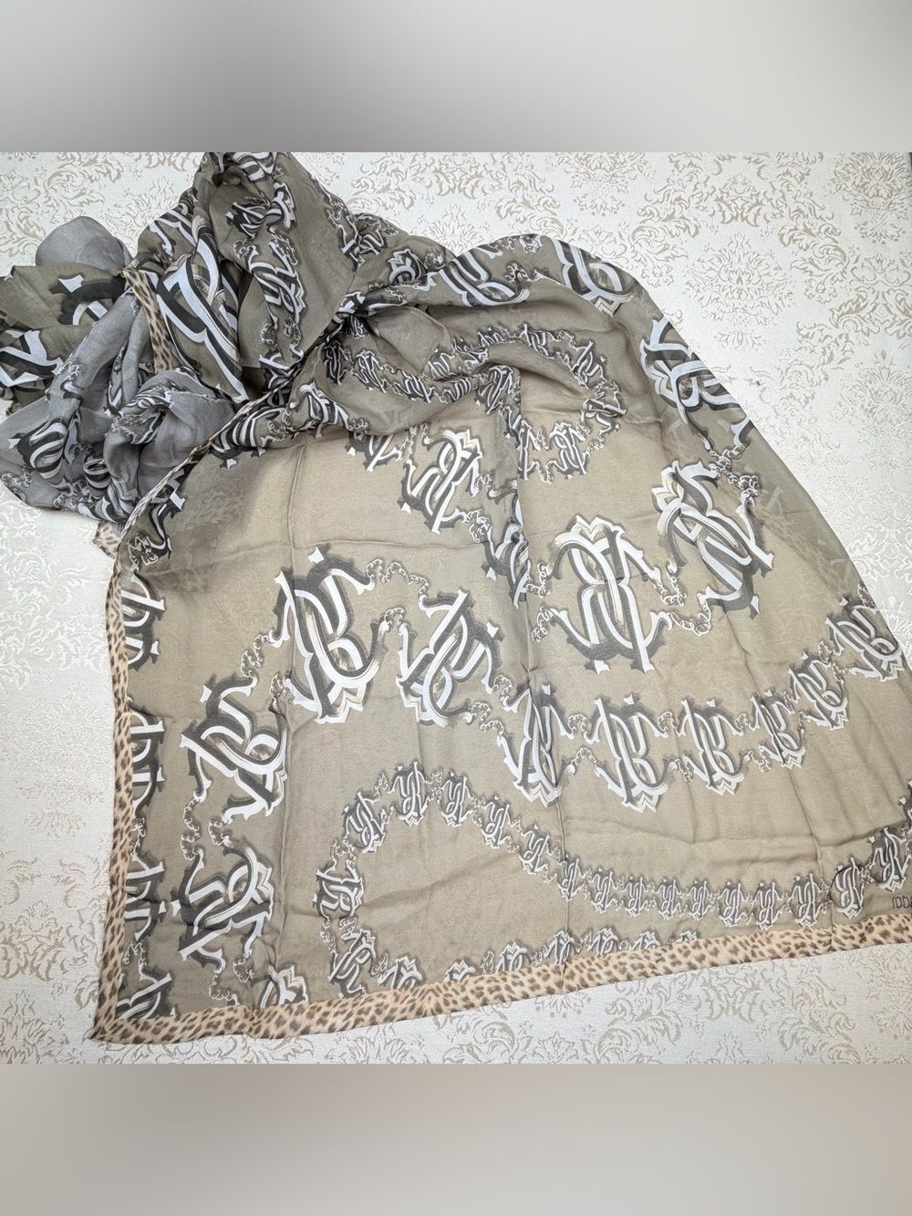 Roberto Cavalli 100% Silk Logo Print Scarf 70x26”